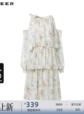【淡人穿搭】sdeer圣迪奥圆领系带露肩印花雪纺连衣裙S242Z12N4