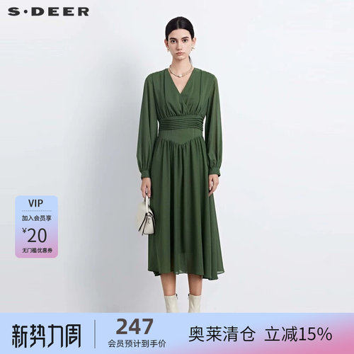 s.deer压褶垂坠雪纺长袖连衣裙