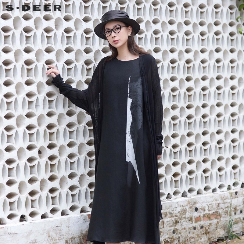 sdeer圣迪奥女装时尚肌理印花针织衫连衣裙套装S2438140