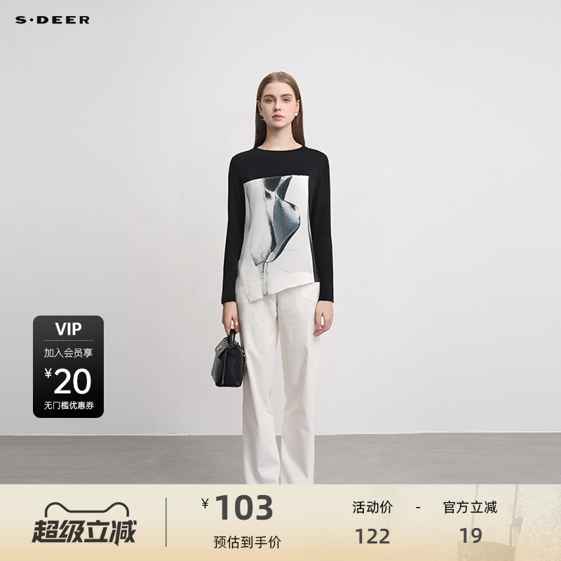 s.deer撞色印花不规则长袖T恤