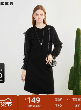 sdeer圣迪奥女装罗纹圆领网纱黑色针织连衣裙S224Z1265