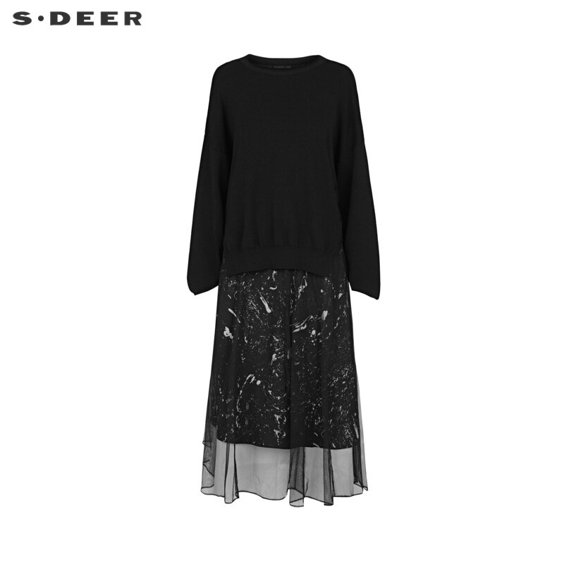 sdeer圣迪奥女装秋晕染收腰网纱针织衫连衣裙套装S241814
