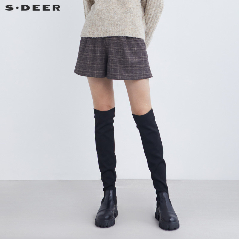sdeer圣迪奥女装英伦风撞色格纹插袋A字短裤S21480911
