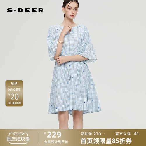 收腰连衣裙 绣花格纹 喇叭袖