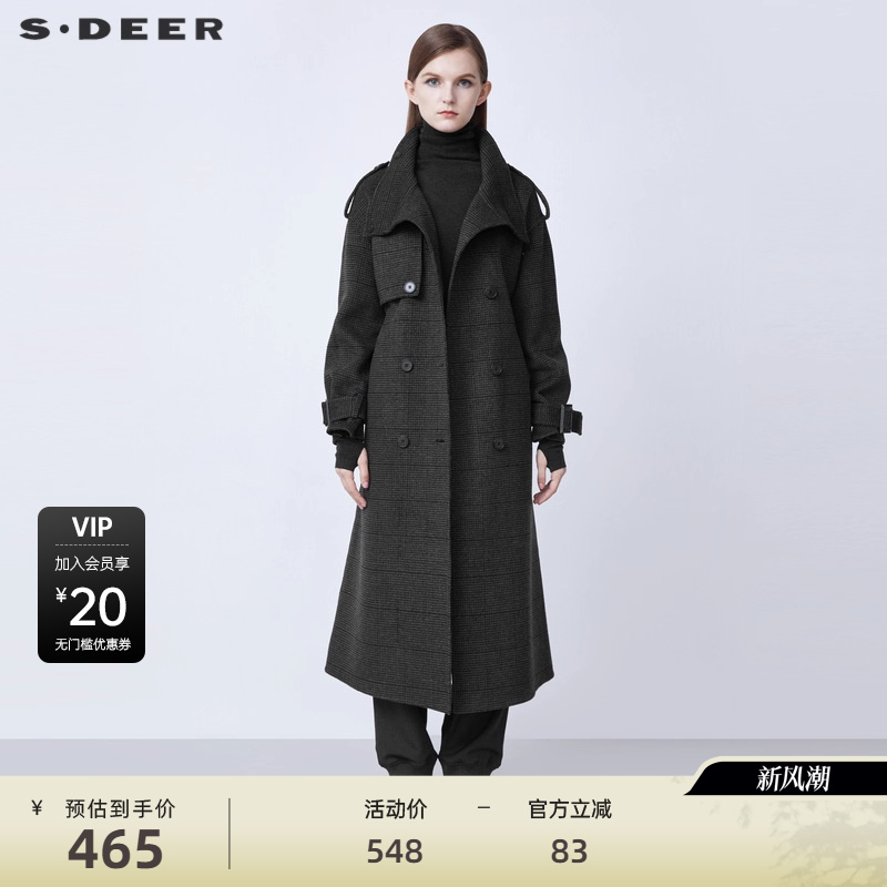 【反季清仓】sdeer圣迪奥复古收腰撞色格纹直筒毛呢大衣S21481814