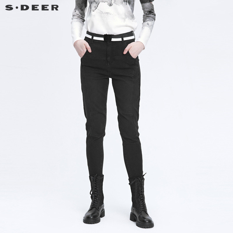 sdeer圣迪奥女装秋时尚腰带拼接插袋牛仔小脚裤S2218081