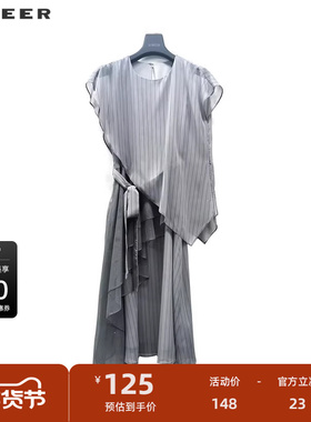 sdeer圣迪奥女装圆领条纹收腰拼接短袖连衣裙S223Z124Q
