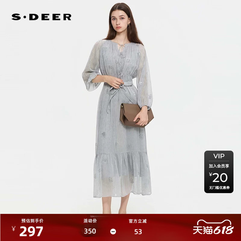 sdeer圣迪奥女装25年新品复古圆领绣花收腰长袖连衣裙S253Z1258