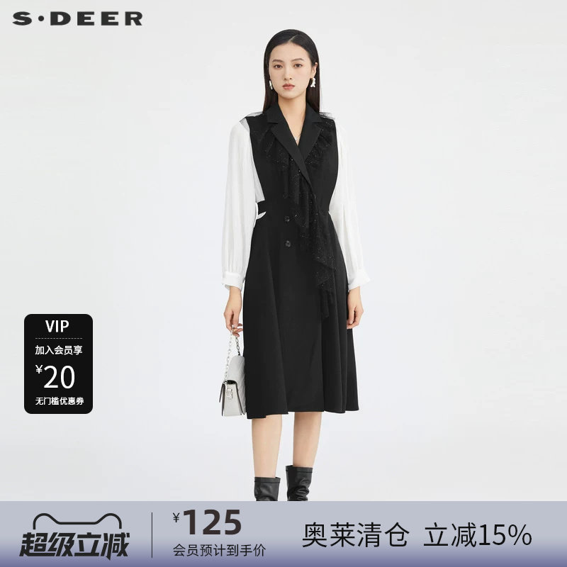 S·DEER圣迪奥女装西装领网纱撞色拼接长款风衣S223Z1821