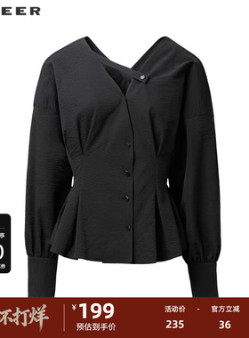 sdeer圣迪奥女装秋复古V领压褶泡泡袖衬衫S233Z0527
