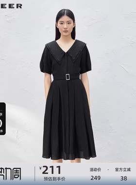 sdeer圣迪奥女装学院风V领收腰短袖连衣裙S232Z12PB
