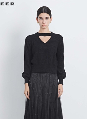 sdeer圣迪奥女装罗纹圆领镂空落肩袖针织衫S233Z3518