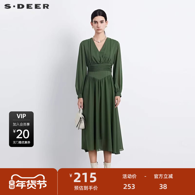 sdeer圣迪奥女装秋V领压褶垂坠雪纺长袖连衣裙S233Z12P