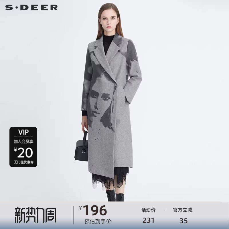 sdeer圣迪奥女装西装领人像印花中长款毛呢大衣女外套S2048