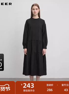 sdeer圣迪奥女装时尚圆领碎褶不规则宽松连衣裙S244Z1290