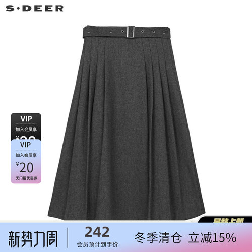 s.deer复古系带百褶毛呢A字伞裙