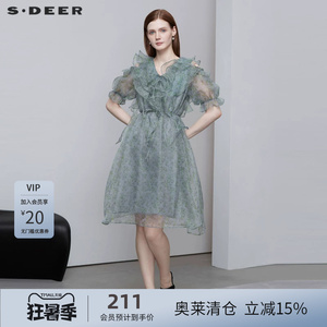 sdeer圣迪奥女装V领碎花收腰网纱连衣裙S222Z122H