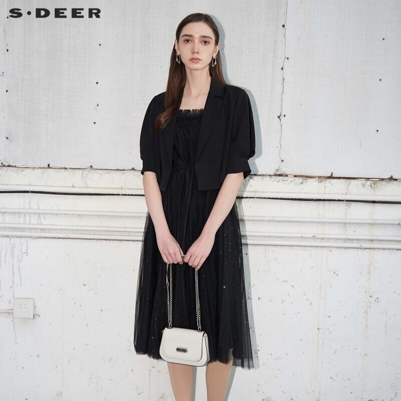 sdeer圣迪奥女装法式优雅网纱收腰吊带连衣裙套装S242614