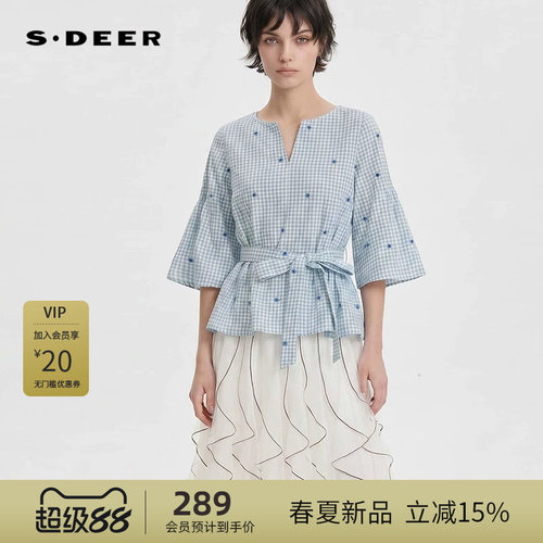 sdeer圣迪奥女装文艺V领绣花格子收腰喇叭袖上衣S252Z0422