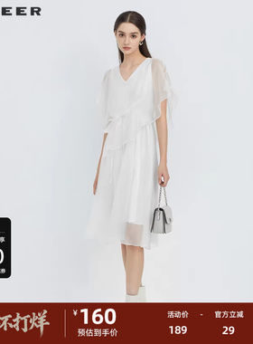 sdeer圣迪奥女装秋V领露肩拼接短袖连衣裙S223Z12V1