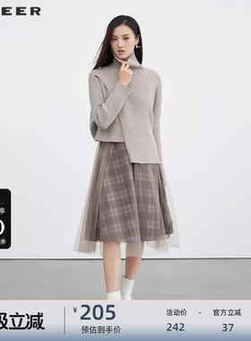 sdeer圣迪奥女装高领格纹网纱针织两件连衣裙S223Z1446