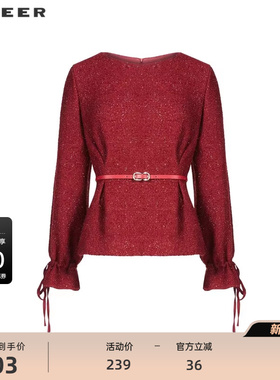 【新年款】sdeer圣迪奥女装圆领收腰抽褶毛呢短款外套S234Z2264