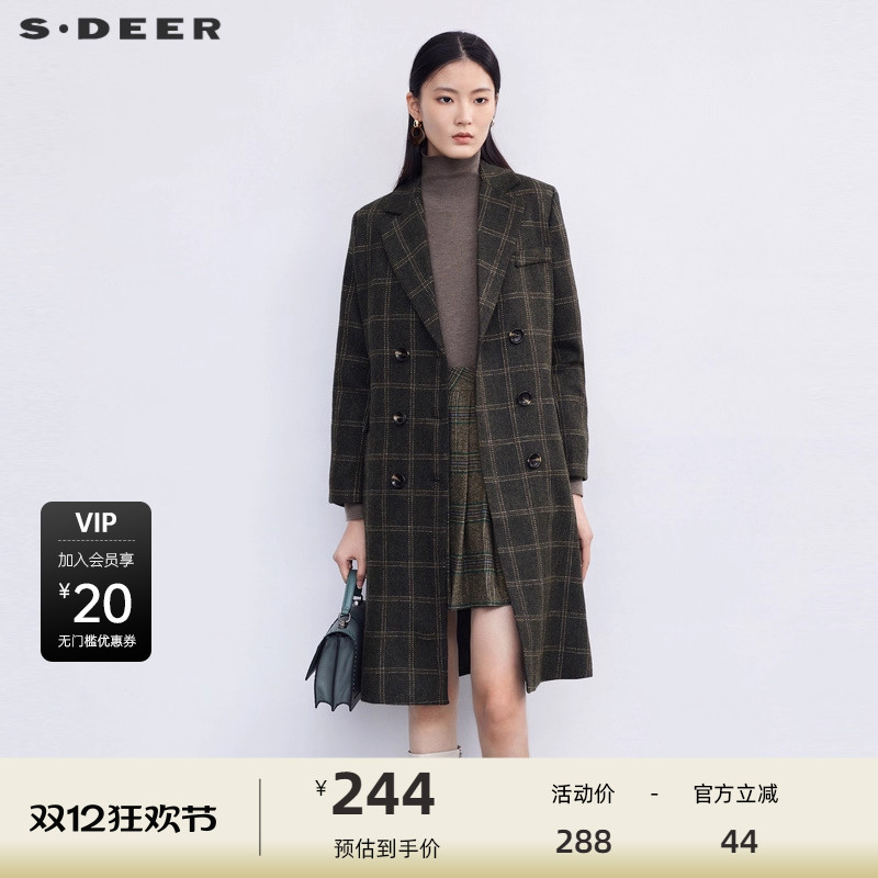 s.deer西装领双排扣格纹毛呢大衣