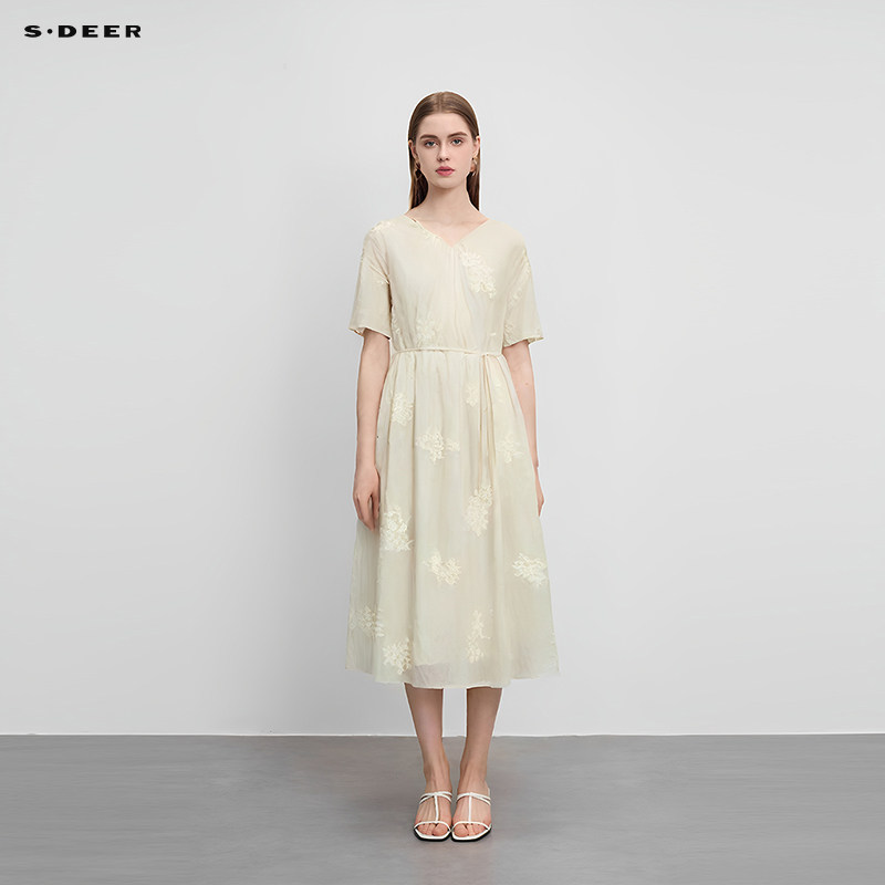 【淡人穿搭】sdeer圣迪奥文艺V领系带收腰绣花连衣裙S232Z