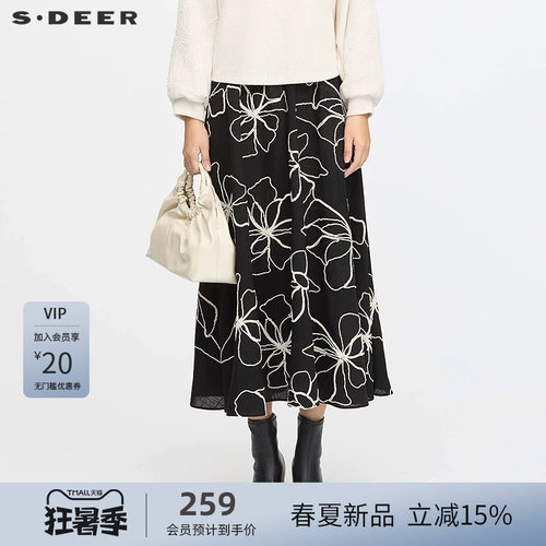 sdeer圣迪奥女装25年新品田园风高腰松紧绣花A字长裙S253Z1113