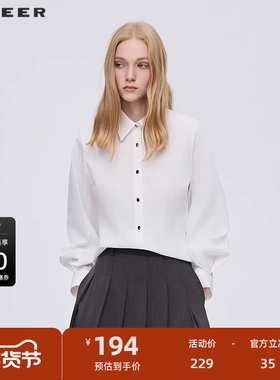 sdeer圣迪奥女装25年新品OL风翻领压褶灯笼袖白色衬衫S253Z0558