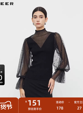 sdeer圣迪奥女装秋高领镂空波点网纱泡泡袖针织衫S233D3506
