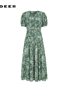 sdeer圣迪奥女装清新V领收腰印花短袖连衣裙S242Z12V1