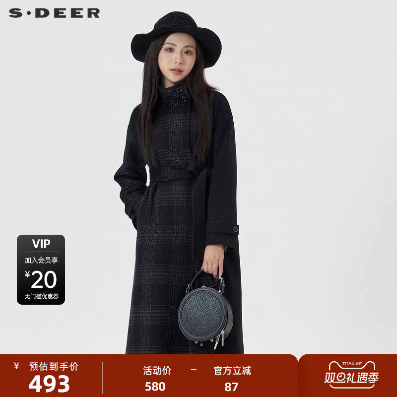 sdeer圣迪奥女装立领格纹收腰双面呢长款大衣S23482534