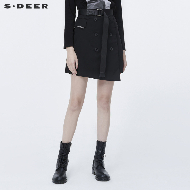 sdeer圣迪奥女装酷感腰带A字短裙设计感半身裙秋小个子S203