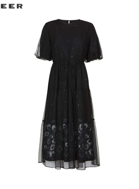 sdeer圣迪奥女装圆领收腰印花网纱短袖连衣裙S242Z12K1