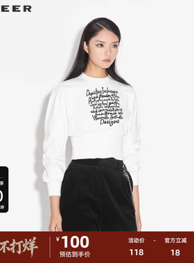 S·DEER圣迪奥女装圆领字母印花短款长袖卫衣外套S21382205