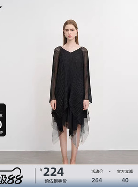 sdeer圣迪奥秋V领褶皱网纱两件套吊带连衣裙S223Z12F5