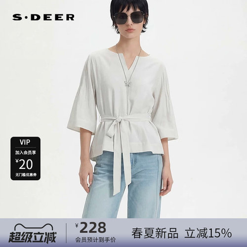 sdeer圣迪奥女装OL风V领收腰肌理不规则中袖上衣S252Z3248