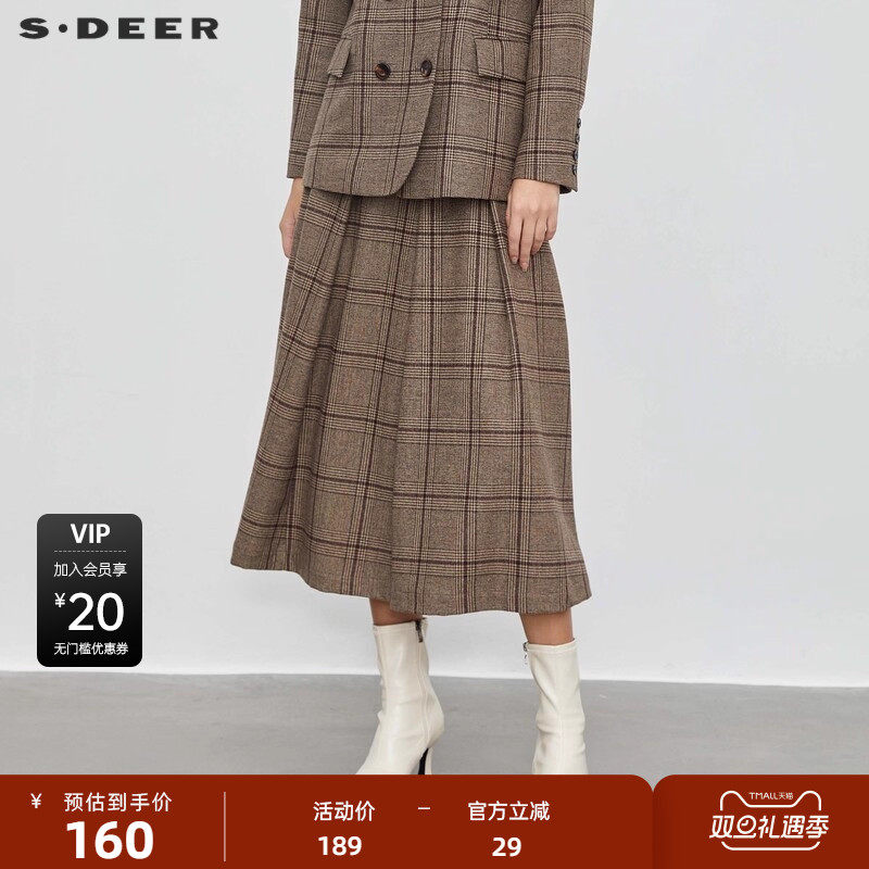 sdeer圣迪奥女装学院风套装格纹百褶毛呢长裙S23461103