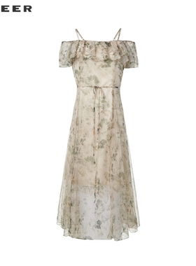 sdeer圣迪奥女装荷叶边印花收腰网纱露肩吊带连衣裙S242Z12D9