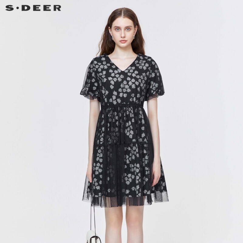 sdeer圣迪奥女装时尚圆领碎花收腰网纱短袖连衣裙S223Z12