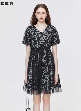 sdeer圣迪奥女装时尚圆领碎花收腰网纱短袖连衣裙S223Z1274