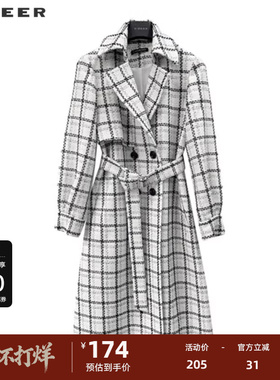 sdeer圣迪奥女装英伦风翻领格纹收腰长款大衣S223Z1858
