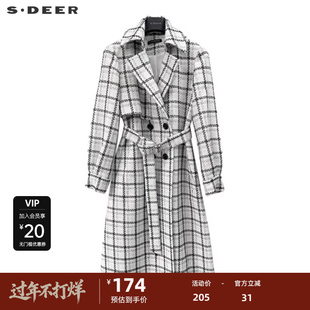 sdeer圣迪奥女装英伦风翻领格纹收腰长款大衣S223Z1858