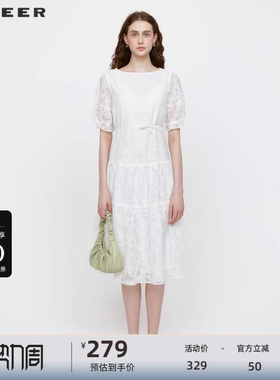 sdeer圣迪奥女装田园风圆领收腰花边泡泡袖连衣裙S242Z12G2