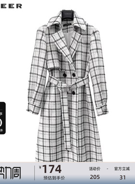 sdeer圣迪奥女装英伦风翻领格纹收腰长款大衣S223Z1858