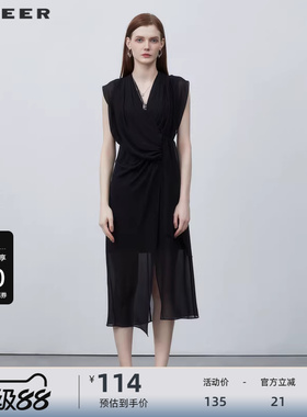 sdeer圣迪奥V领系带不规则拼接无袖连衣裙S223Z12G6