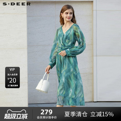 s.deer晕染拼接雪纺长袖连衣裙