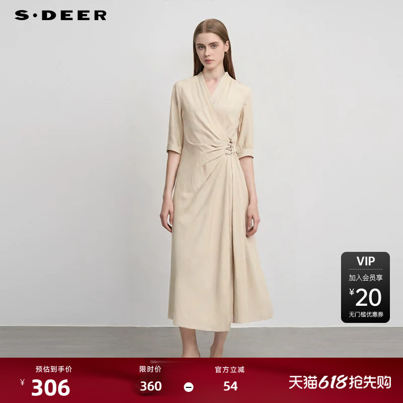 sdeer圣迪奥女装复古V领收腰垂坠不规则连衣裙S252Z120