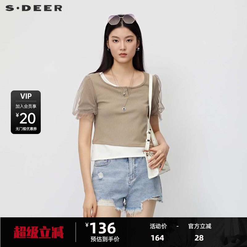 sdeer圣迪奥女装时尚圆领网纱拼接撞色短袖T恤S23280116